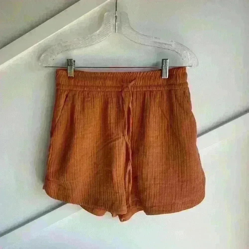 H&M  Crinkled Cotton High Waist Side Pockets Rust Orange Shorts Size S - Picture 3 of 7